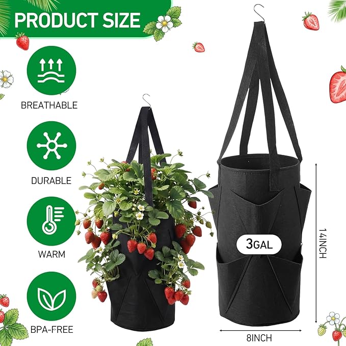 SATINIOR 10 Pack Upside Down Strawberry Planter Set Hanging Vegetables Grow Bags with 10 S Hooks, 3 Gallon Fabric Planting Bags for Easy Vertical Gardening(Black)