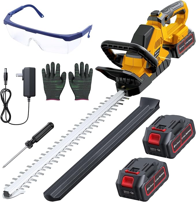 20'' Hedge Trimmer Cordless with 2pcs 4000mAh Battery, Electric Handheld Bush Clipper with Rechargeable Batteries, 3000RPM 180° Rotatable Head, 2/3'' Blade Gap, Yellow