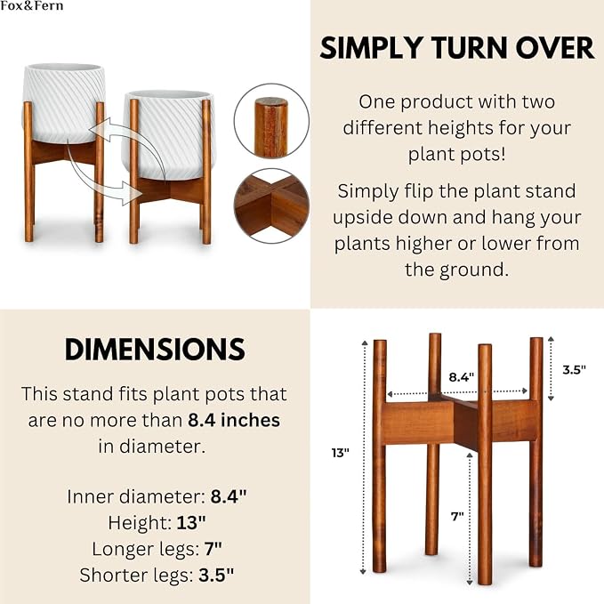 Fox & Fern Mid Century Plant Stand — 8 Inch Fixed Size Wooden Plant Stand for Indoor Planters (Not Included) - Raised Flower Pot Holder for Indoors - Plug In Design - Two Height Options - Acacia