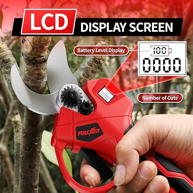 FULLYEA Electric Pruning Shears, 1.4" Cutting Diameter Electric Pruner with LCD Display＆2Pcs 2.0Ah Rechargeable Battery, Brushless Motor Cordless Pruning Shears for Tree Trimming Branch Cutter