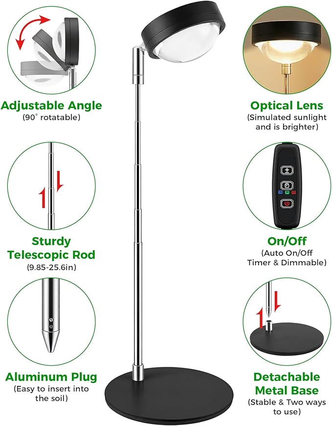 Plant Grow Light, Full Spectrum Grow Lights LED Spotlight with Metal Base, Desk Plant Growing Lamps with Auto On Off Timer 3/9/12H, 6 Brightness Levels, 9.8-25.6'' Adjustable Height