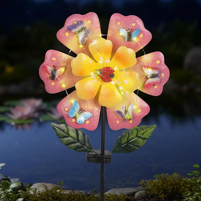 Giant Flower Garden Stakes Decorative with 50 String LED Lights and Butterflies, 46.7" Pink Solar Flowers Outdoor Waterproof for Yard Patio Lawn Decoration
