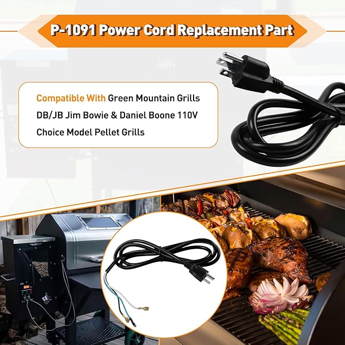 110V Power Cord for GMG Green Mountain Grill Jim Bowie & Daniel Boone 110V Choice Model Pellet Grills, P-1091 Power Cord Replacement Part for GMG DB/JB Choice Wood Pellet Grills