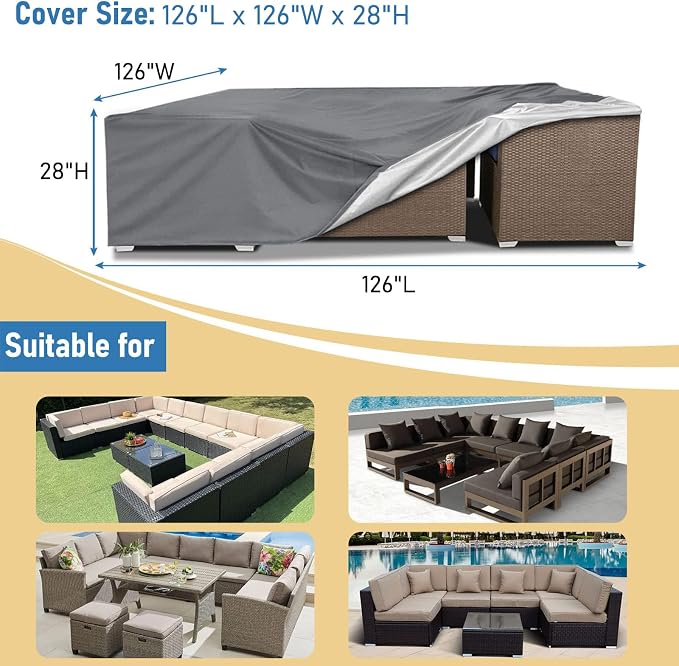 AKEfit Patio Furniture Covers,500D Heavy Duty Waterproof for Outdoor Square and Retangle Patio Table and Chair Covers, Grey -126"L x 126"W x 28"H