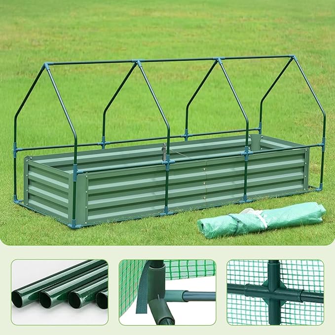 BPS Raised Garden Bed Set, 6x3x1 FT Metal Bottomless Flower Bed with PE Cover for Outdoor Planting, Green