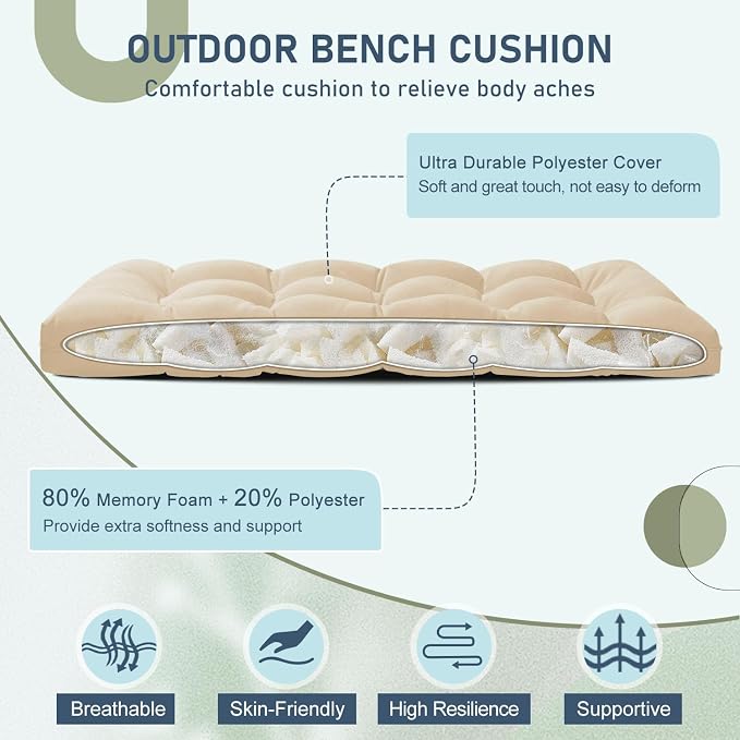 downluxe Outdoor Bench Cushion for Patio Furniture, Water Resistant Tufted Overstuffed Porch Swing Cushions, Thick Outdoor Loveseat Cushions, 44" X 19" X 5", Beige, Set of 1