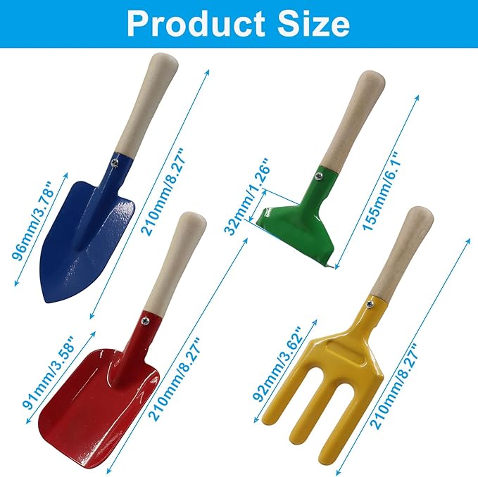 Piutouyar 4 Pack Metal Garden Tool Set, Mini Colorful Beach Tool for Kids, Shovels/Rake/Trowel/Fork Children Beach Sand Tools with Wooden Handle