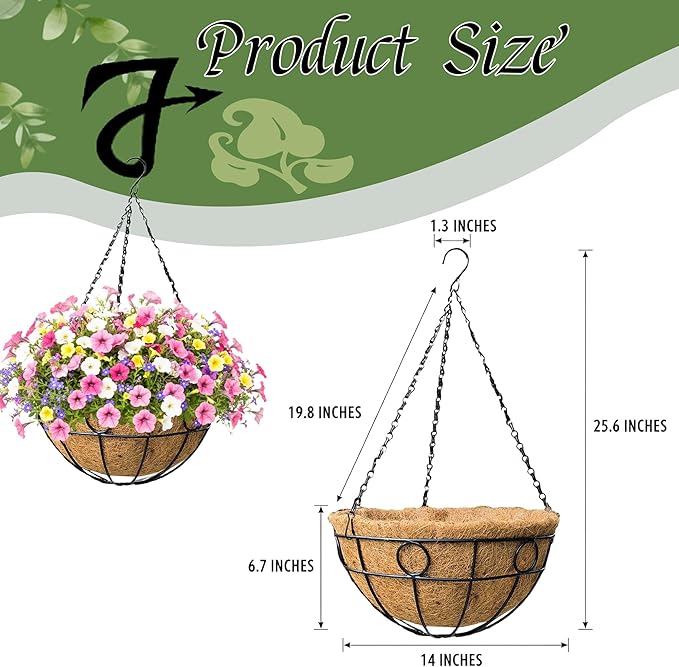Classic Round Wire Hanging Basket 4 Packs 14 Inch Deep Coco Liner Water-Absorbing All-Weather Garden Deck Hanging Planter with Chain Flower Pot