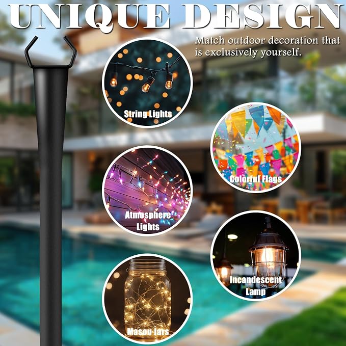 10Ft String Light Poles 2 Pack for Outside, Metal Outdoor Light Poles with 5 Prongs for Garden Patio Backyard Deck, Fence Bracket Hanging Light for Party Wedding Decor