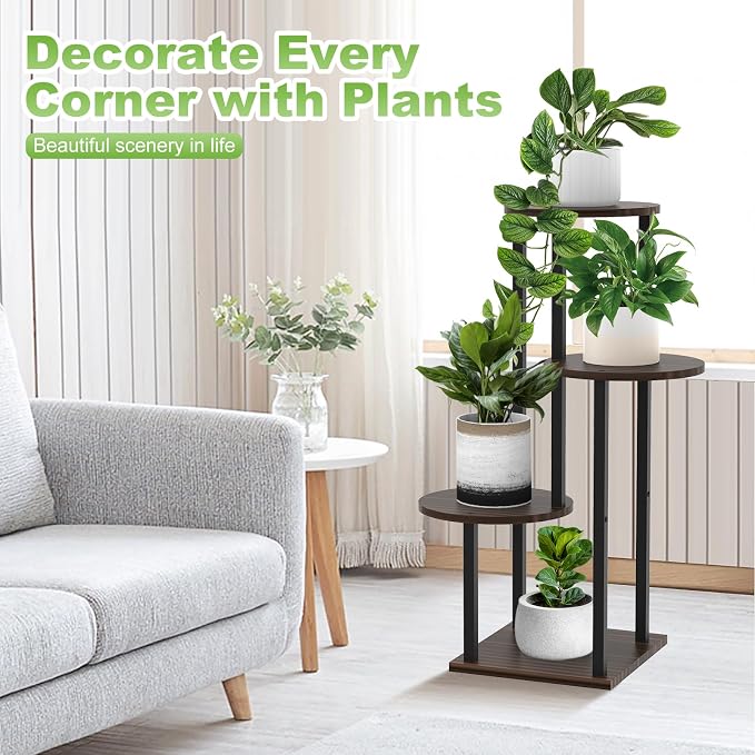 4 Tier Wood Tall Plant Stand Metal Rack Indoor, Multiple Flower Pot Holder Shelves Corner Rack, Round Planter Shelf Display Rack Storage Organizer for Patio Living Room Balcony(Black+Oak)