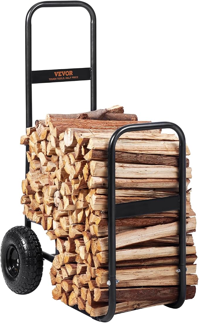 VEVOR Log Cart 250 lbs Load Capacity, Outdoor and Indoor Wood Rack Storage Mover with Pneumatic Rubber Wheels, Heavy Duty Steel Dolly Hauler, Firewood Carrier for Fireplace, Fire Pit, Black