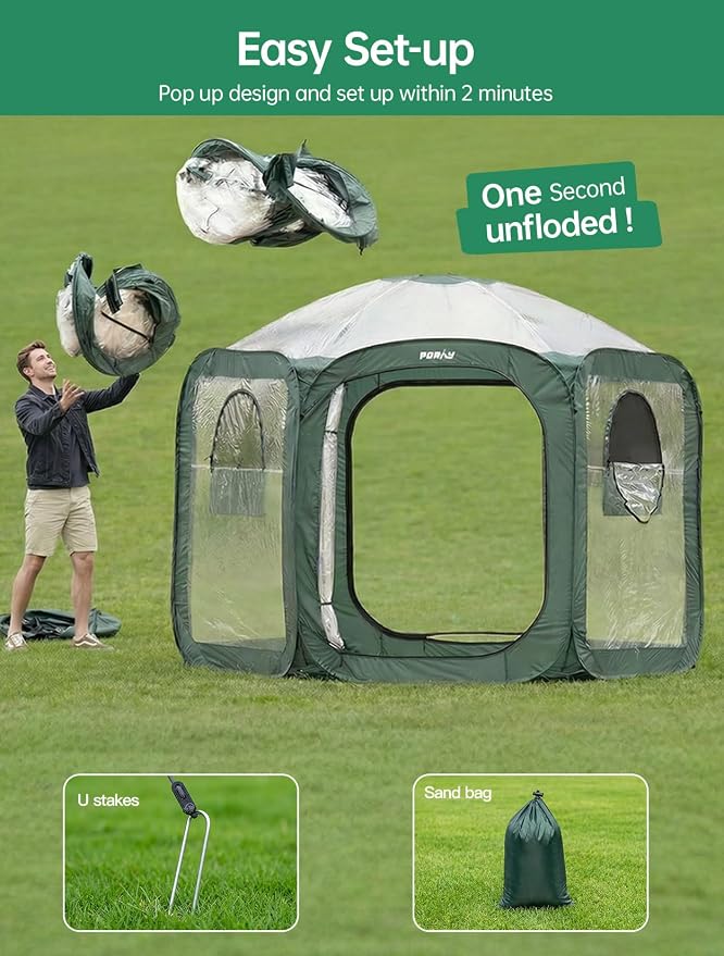 Porayhut Pop up Greenhouse Tent,Portable Large Walk-in Plant House 10’X10’ ,Indoor Outdoor Gardening Plant Sunshine Room with PVC Mesh Cloth Cover for Protecting Plant from Cold Frost & Birds