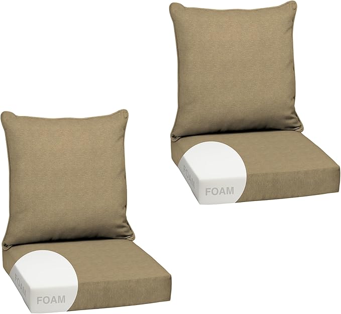 Arden Olefin Outdoor Foam Deep Seat Cushion Set (2-Pack), 24x24, Premium High-Density Foam, Never Flattens, Weather-Proof for Patio Chair Sofa Couch, Tan Hamilton