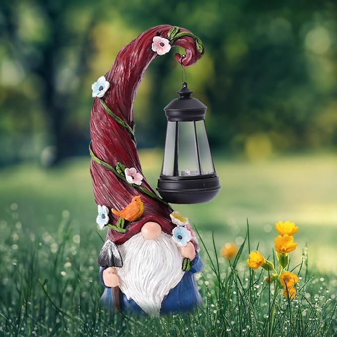 Pohabery Gnome Garden Decor Statue Solar Gnomes Decorations for Yard with Lantern Light Outdoor Decorations for Patio Mom Gift