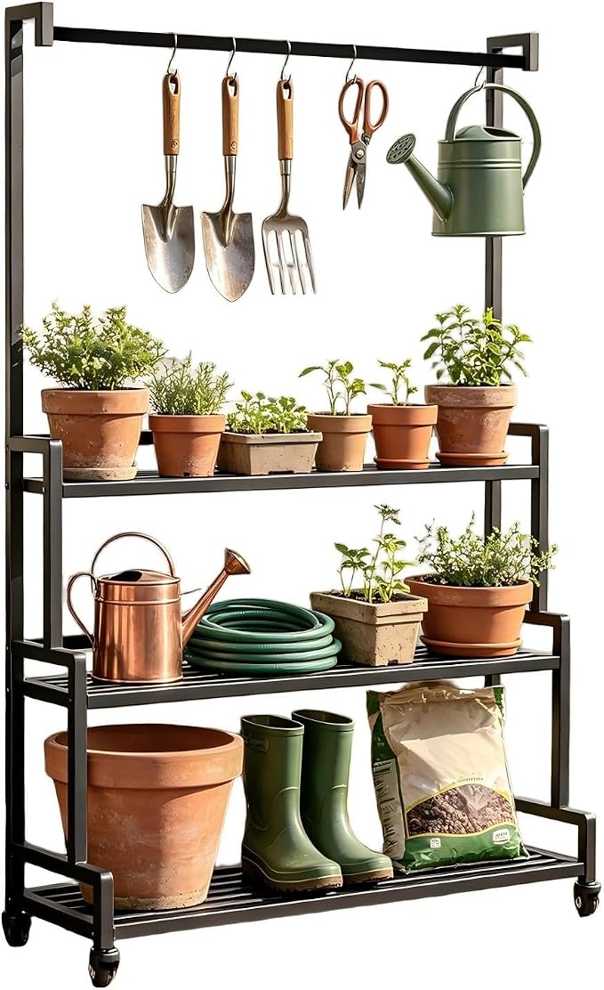3 Tier Rolling Plant Stand with 3 S-Hooks, 70" Tall Heavy Duty Metal Plant Shelf with Lockable Wheels, Black Curved Corner Plant Display Rack for Indoor Outdoor Patio Balcony Garden (With Hook)