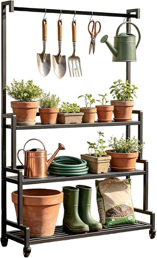 3 Tier Rolling Plant Stand with 3 S-Hooks, 70" Tall Heavy Duty Metal Plant Shelf with Lockable Wheels, Black Curved Corner Plant Display Rack for Indoor Outdoor Patio Balcony Garden (With Hook)