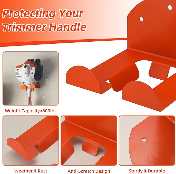 Garage Organizer Trimmer Rack, Weed Eater Hanger for Garage Wall, Heavy Duty Garden Power Tool Holder Wall Mounted for Grass Trimmer, Hedge Trimmer, Garden Tools，4 Pack (Orange)