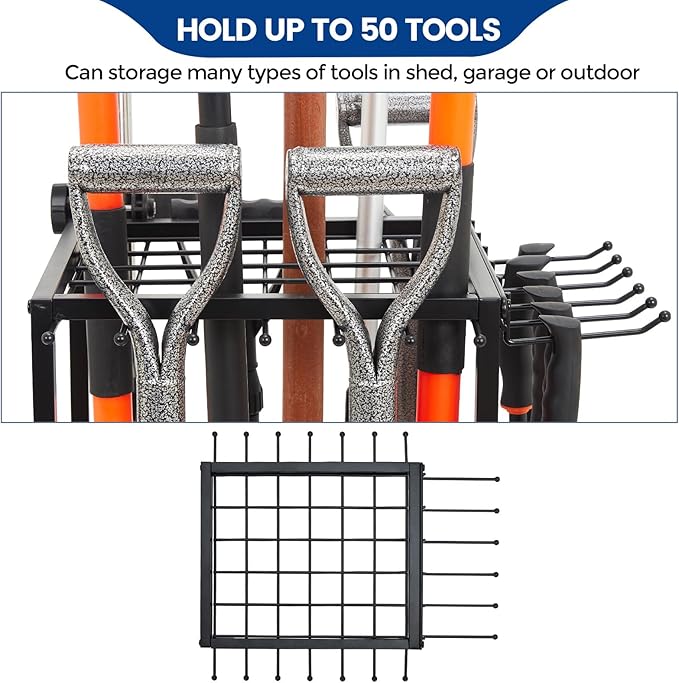 Garden Tool Organizer with 2-Tier Steel Shelves, Holds 50 Long-Handled Tools/Rakes/Brooms/Shovles for Garage Organization and Storage, Shed, Outdoor, Lawn, Heavy-Duty Steel, Black, Easy Assembly