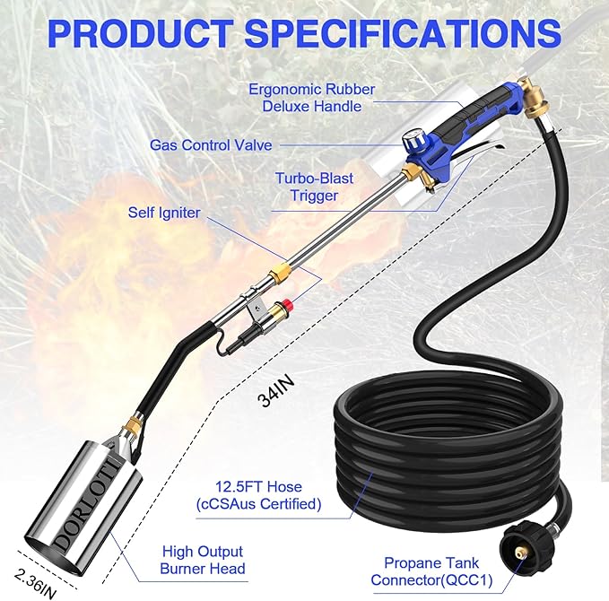 Propane Torch Weed Burner Kit, Blow Torch High Output with Self Igniter and Turbo Trigger,Heavy Duty Flamethrower with 12.5FT Hose for Weeding,Roofing,Melting Snow,Road Paint Removing