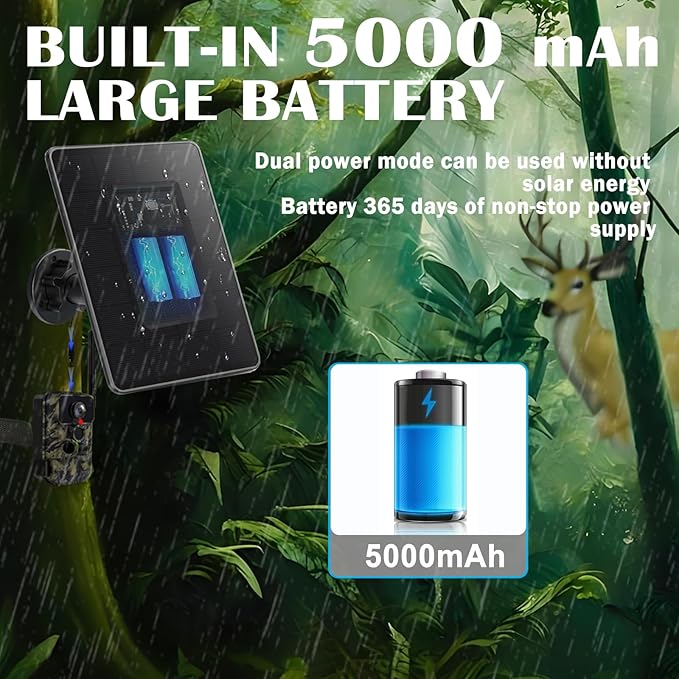 Trail Camera Solar Panel, Mini Solar Battery Charger DC 12V/1A 6V/1.5A & USB-C Build-in 5000mAh Rechargeable Lithium Battery, IP66 Waterproof Hunting Accessory, 10ft Cable, 6.7" Lx4.6 Wx1.25 H