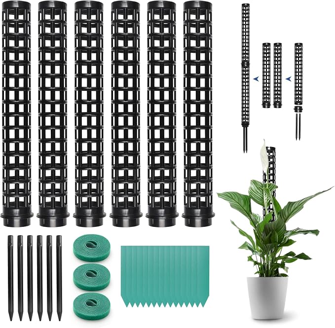 Moss Pole for Climbing Plants Monstera, Indoor Plant Supports, Plastic Moss Stick, Plant Stake for Garden, Extension Aid Climbing Rob (Black, 6pcs 10inch)