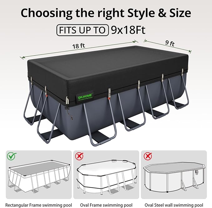 QH.HOME 550D 9x18 Ft Rectangular Pool Cover [Upgraded Tear Resistant & Quadruple Windpoof]wth Pre-Installed Winch and Rope,Pool Covers for Above Ground Pools Rectangle-Snug Fit & Waterproof Protection