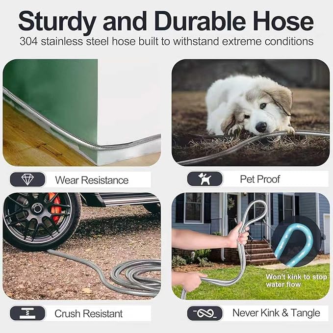 Torriweg 15FT Stainless Steel Garden Hose with 10-Pattern Nozzle, 304 Metal Braided, Lightweight and Kink Free, All Weather and Freeze Proof Flexible Hose