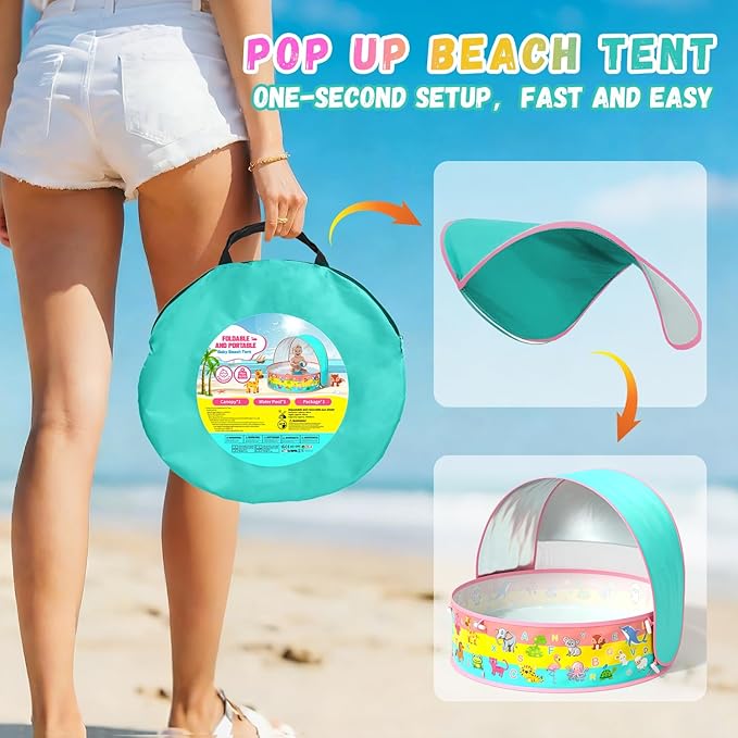 Kiddle Baby Pool with Canopy, Pop-Up Above Ground Pool, Foldable Infant Wading Pool for Toddlers 1-3, Baby Beach Tent, Portable Water Play Sum Toys for Child