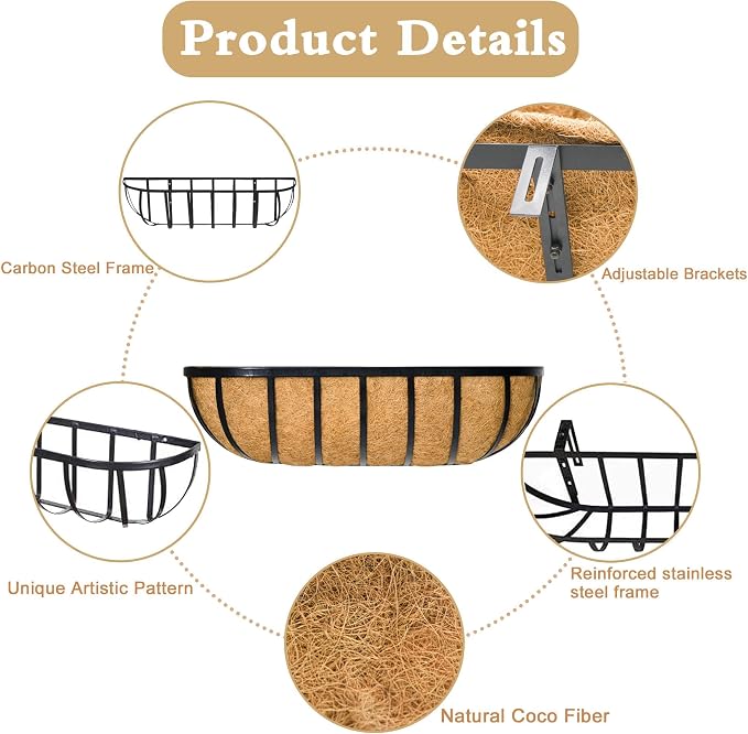 Window Box Railing Planter with Coco Liner 4 Pack 16 Inch Metal Hanging Flower Planter Deck Railing Planters Boxes for Balcony Outdoor Plants Fence Porch Patio