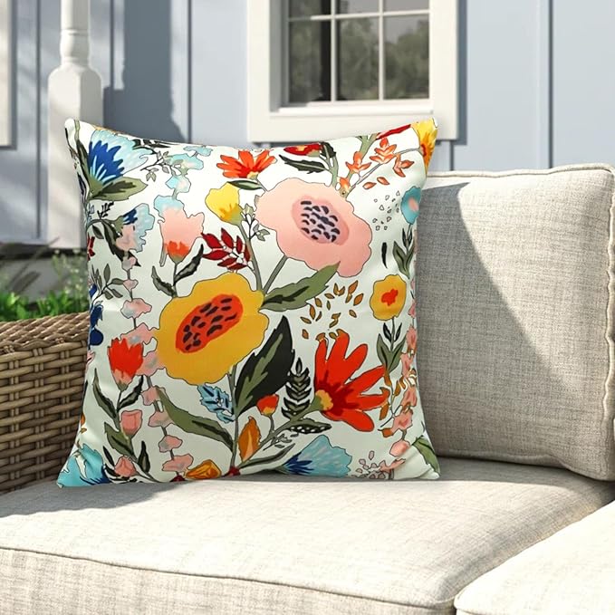 Floral Outdoor Throw Pillow Covers 18x18 Waterproof Colorful Summer Spring Garden Decorative Square Patio Pillows Outdoor Pillows Covers for Patio Furniture Set of 2 (No Pillow Insert)