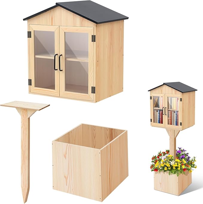 Wonderjune Little Library Box Outdoor, Durable Weatherproof Solid Wood Free Library Book Exchange Box with Floor Plugs and Small Flower Fence for Neighborhoods, Community and School