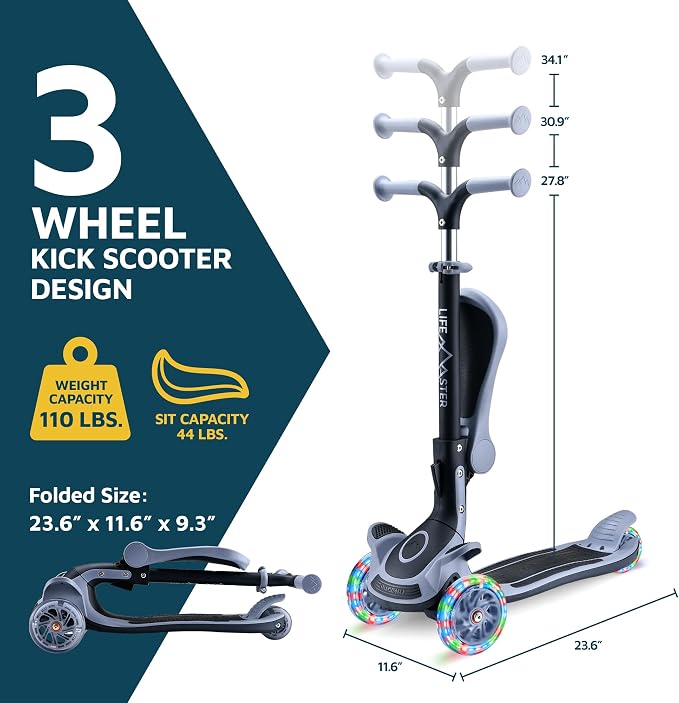 3 Wheel Scooter for Kids with Foldable Seat, Adjustable Handlebar Height, Lean-to-Steer Ride On Toy for Kids Ages 2+, Light-Up LED Wheels, Wide Anti Slip Deck, Indoor & Outdoor Use