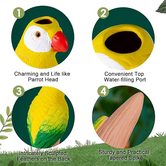 MCleanPin 4 Pack Self Watering Spikes and Globes, Handmade Terracotta Parrot Self-Watering Plant Devices with Slow Release System, Automatic Plant Water Bulbs for Indoor and Outdoor Garden Vacation