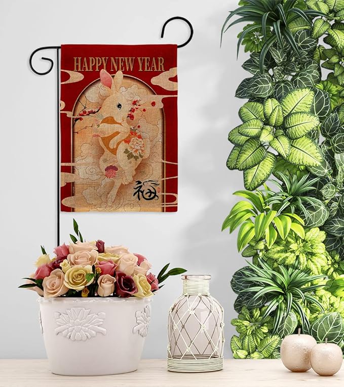 Lunar New Year of Rabbit Wall Tapestry Home Decor Burlap Banner Patio Porch Lawn Garden Flag Pole Room Decorations Indoor Outdoor Yard Sign Spring Gifts Prosperous Chinese Decoration Made in USA