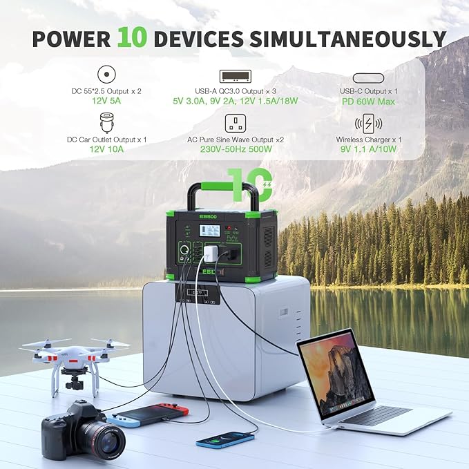 EBL Portable Power Station 500w(Peak 1000W), Camping Solar 519Wh Outdoor Solar Generator Backup Battery Pack with 2 110V AC Outlets, 10-Port Powerhouse for Outdoor and Indoor Emergency Use