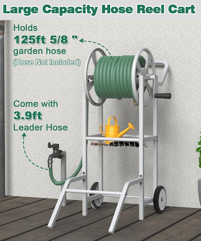 Artigarden Hose Reel Cart with 2 Wheels, Garden Water Hose Holder Heavy Duty Powder Coated Steel Outdoor Winder Storage Holds 125 ft 5/8" Hoses with Basket and 3.9ft Leader Hose for Backyard, White
