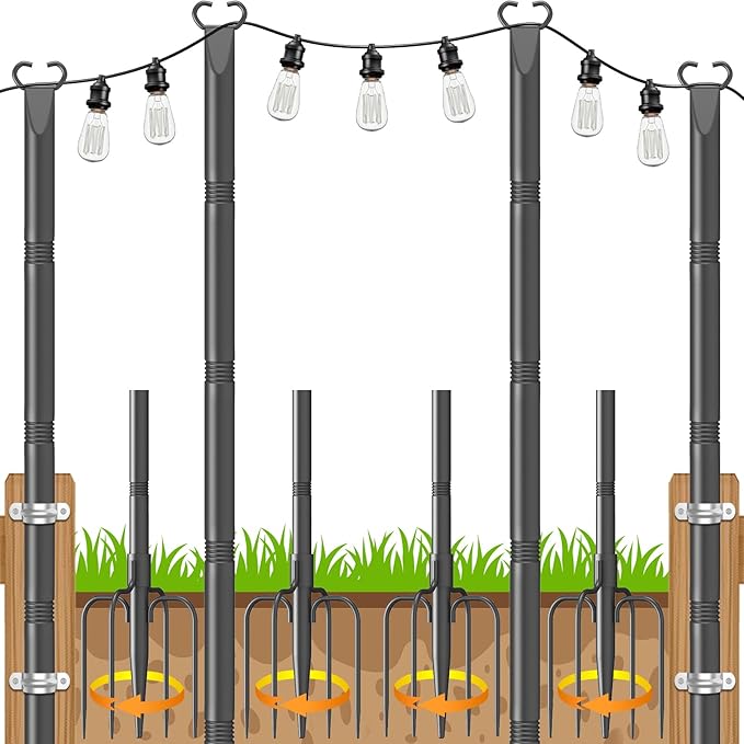 10Ft String Light Poles 4 Pack,Poles for Outdoor String Lights with Fork and Fence Clamp,Hanging Lights Metal Stand Post for Deck Patio Backyard Garden Decorations
