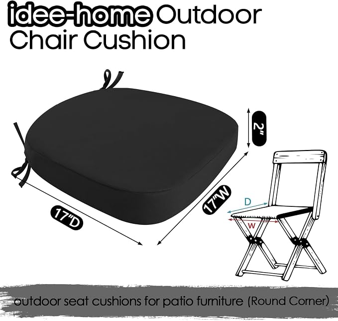 idee-home Outdoor Chair Cushions Set of 4, 17" x 17" Thick D-Shaped Patio Furniture Outdoor Seat Cushions Waterproof with Ties, Dining Pads