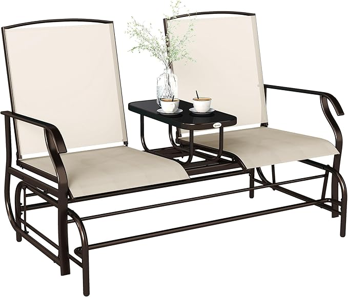 Outsunny Outdoor Glider Bench with Center Table, Metal Frame Patio Loveseat with Breathable Mesh Fabric and Armrests for Backyard Garden Porch, Beige