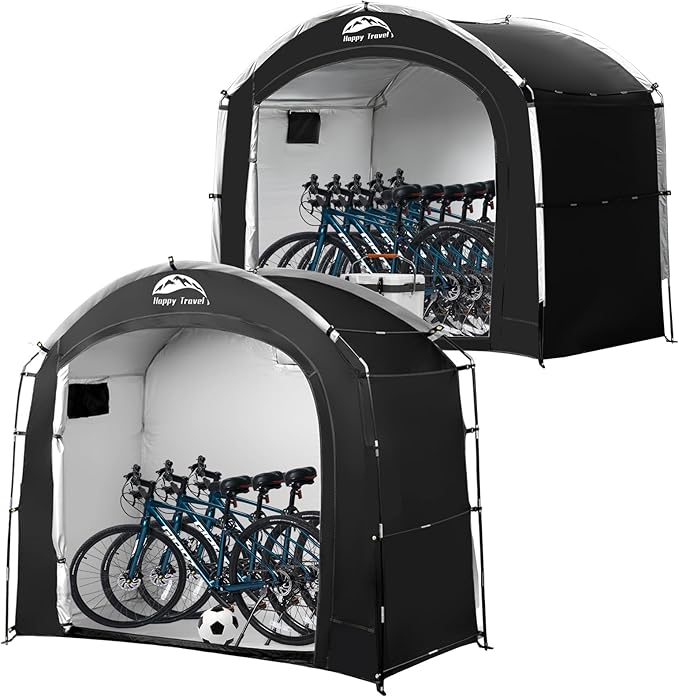 Happy Travel Bike Storage Shed Tent, Waterproof Portable Bicycle Cover with 30% More Top Storage Space for 2/3/4/5 Bikes,Clips Easy Setup Outdoor Sheds Shelter for Motorcycle, Garden Tools, Lawn Mower