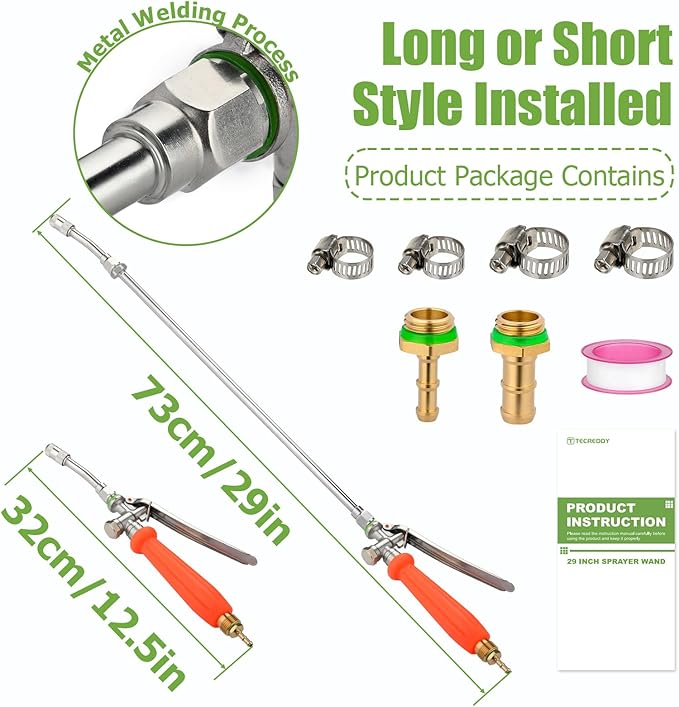 Replacement Pump Sprayer Wand, 29 Inch All Metal Spray Wand for Tank Sprayer with Stainless Steel Extension Tubes, 1/4" 3/8" Brass Barbs Joint Parts for Weed Lawn Plants Careing Watering
