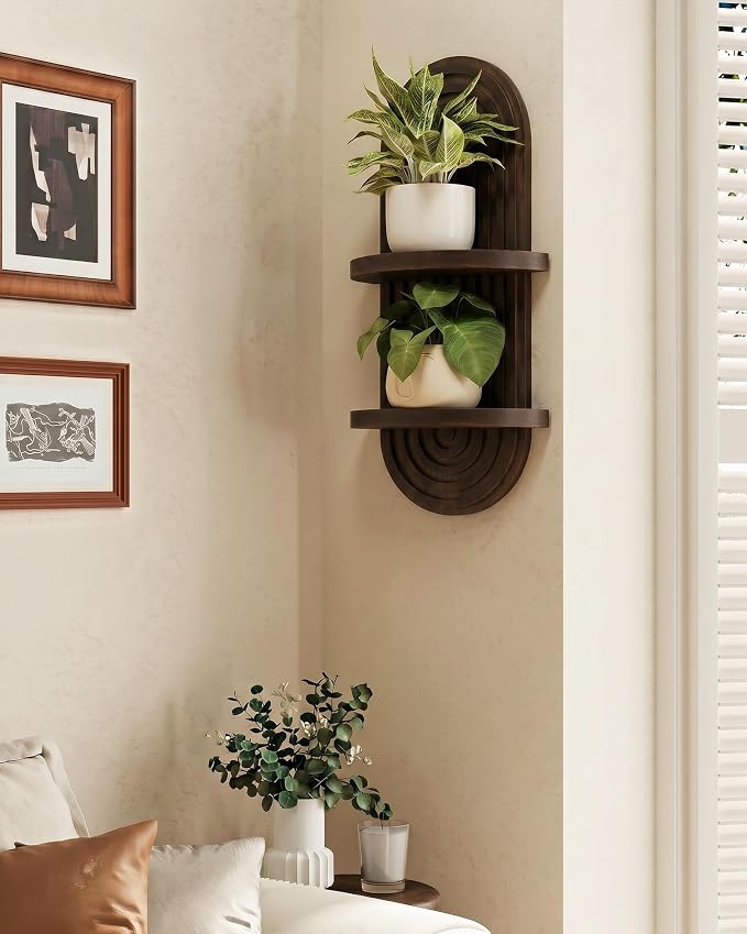 Bamworld Boho Wall Decor Plant Wall Shelf Mid Century Modern Decor Hanging 22in Plant Shelf 2-Tier Wooden Floating Shelves Walnut
