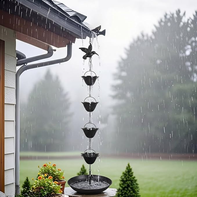 MorningRo Black 8.5ft Rain Chains for Gutters Outside with Anchor Basin 12 Cups Rain Chain Catcher Downspout Replacement Adjustable Metal Garden Rainwater Divert for Eaves Drainage (Hummingbird)