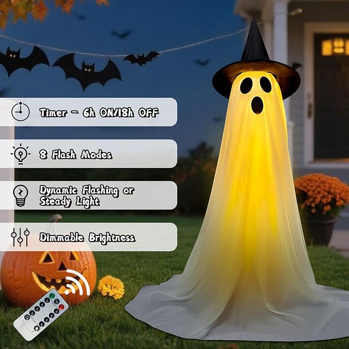Halloween Decorations Outdoor & Indoor Decor - 2 Pack 59-inch Remote Control Spooky Ghost String Lights with Witch Hats, Halloween Lights for Porch, Yards, Patio, Garden Lawn, Party
