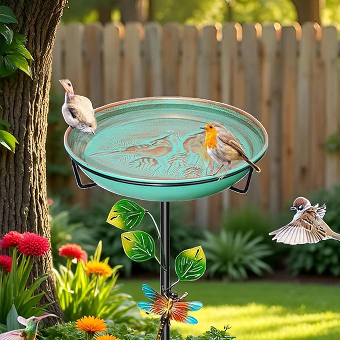 Metal Bird Bath for Outside, 35.4In Vintage Freestanding Garden Birdbaths & Birdfeeder with Upgraded 5 Prongs Base, Bird Baths Feeder Water Bowl for Outdoors Patio Yard Lawn Art Decor (Retro Green)