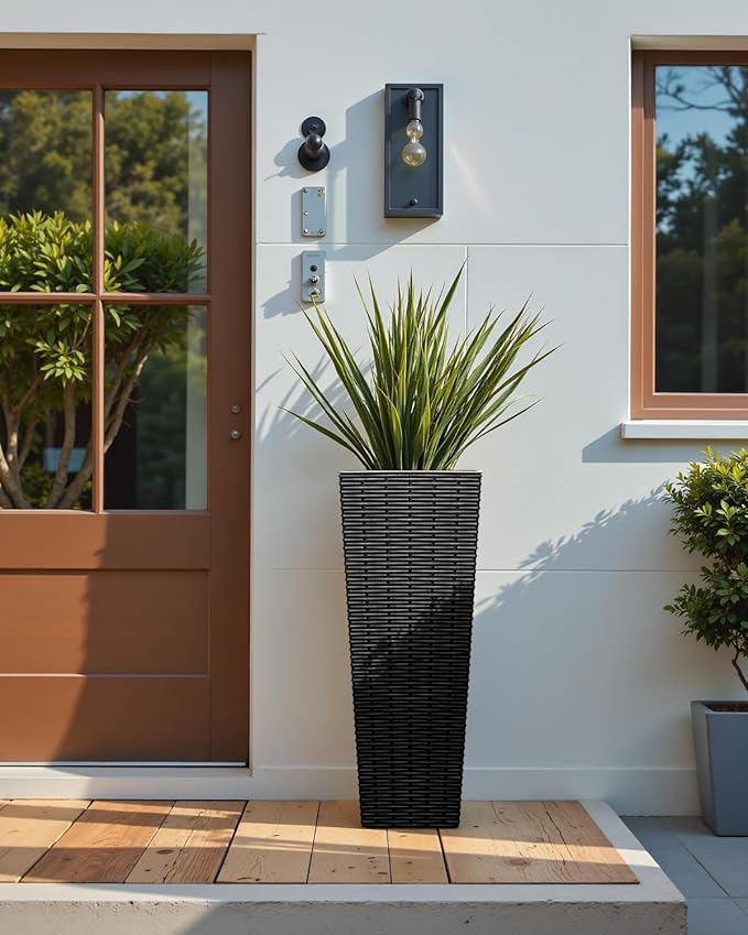 24 Inch Tall Plastic Planters (Set of 2), Detachable Inner Pot & Drainage Holes, Outdoor Decorative Flower Pots for Large Plants, Trees, Patio, and Garden, Black