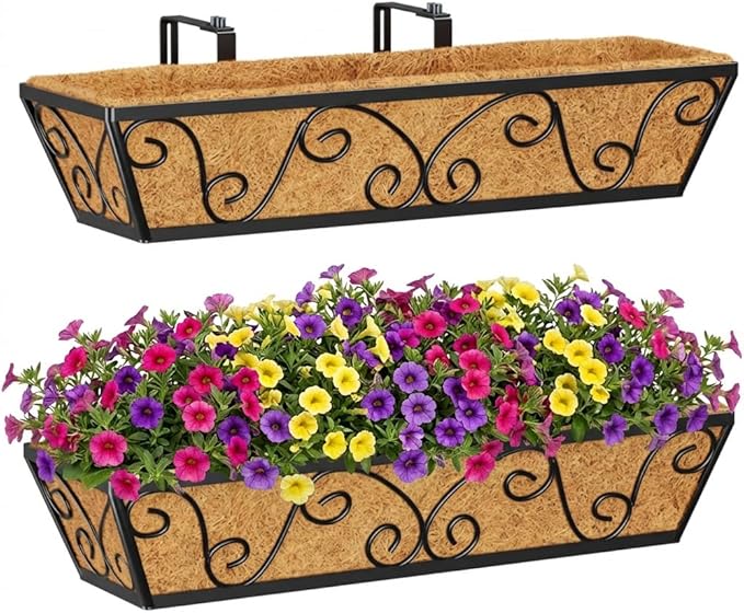 Y&M 24 Inch Large Window Box Planter with Coco Liner, Outdoor Deck Fence Porch Patio Planter-Butterfly