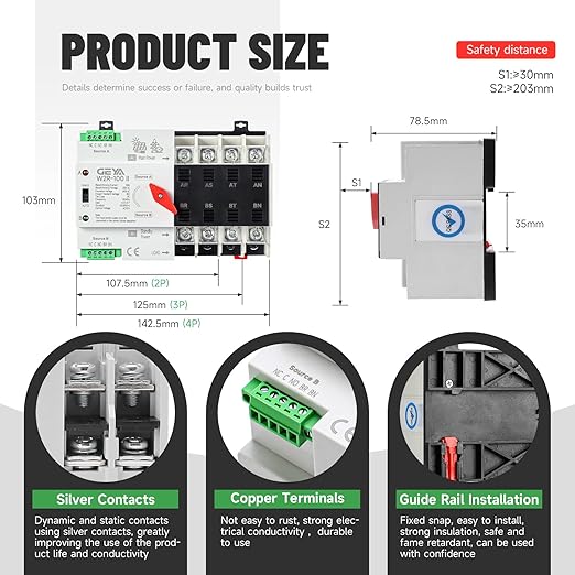 GEYA 3P 100A AC230V Automatic/Manual Transfer Switch,ATS Dual Power Auto Transfer Switch,Uninterruptible Millisecond-Level ATS,DIN Rail Mounting（W2R 3P 100A AC230V）