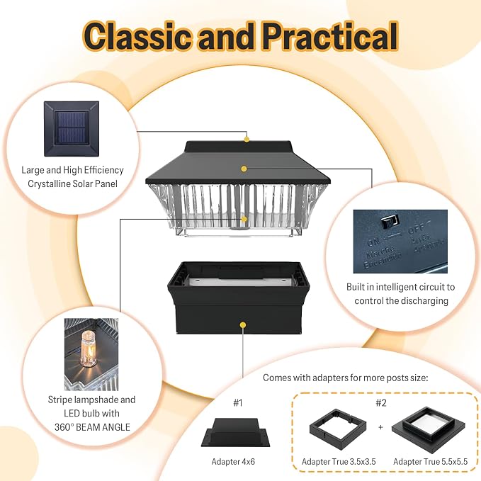 2 Pack Solar Post Cap Lights - Classic #1: for Flat Surfaces & 4x4 Vinyl, Also Fits 4x6 Wood (Sits-On-Top), 25 Lumen 3000K Warm White, Outdoor Deck Fence Light, Waterproof, Matte Black