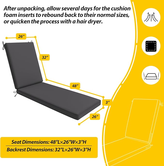 AAAAAcessories Outdoor Chaise Lounge Cushions, Waterproof, Fade-Resistant Patio Furniture Replacement Cushions, 80" x 26" x 3", Shadow Gray